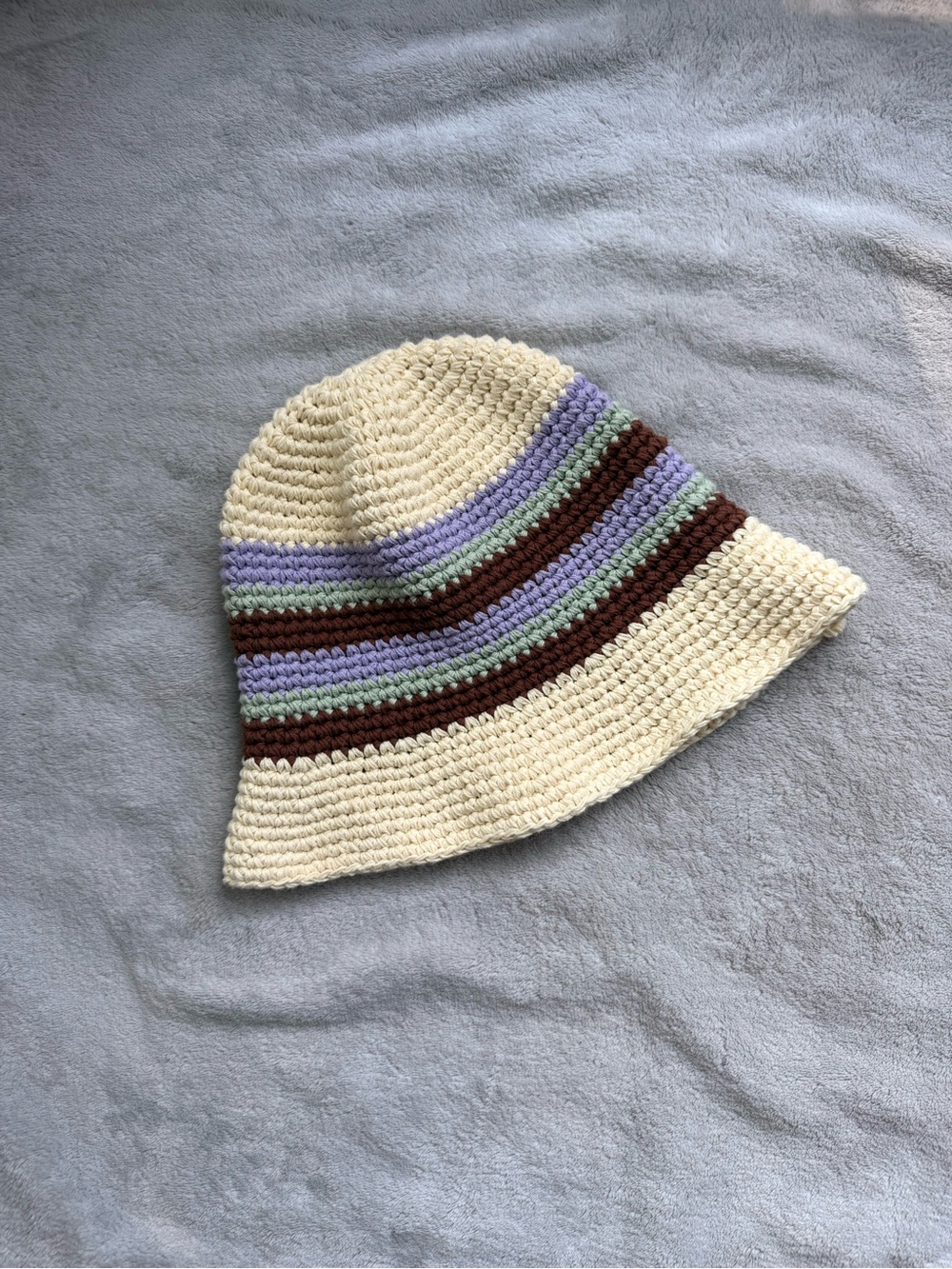 Sunday Best - Cream Crochet Bucket Hat with Purple, Green & Brown Stripes -